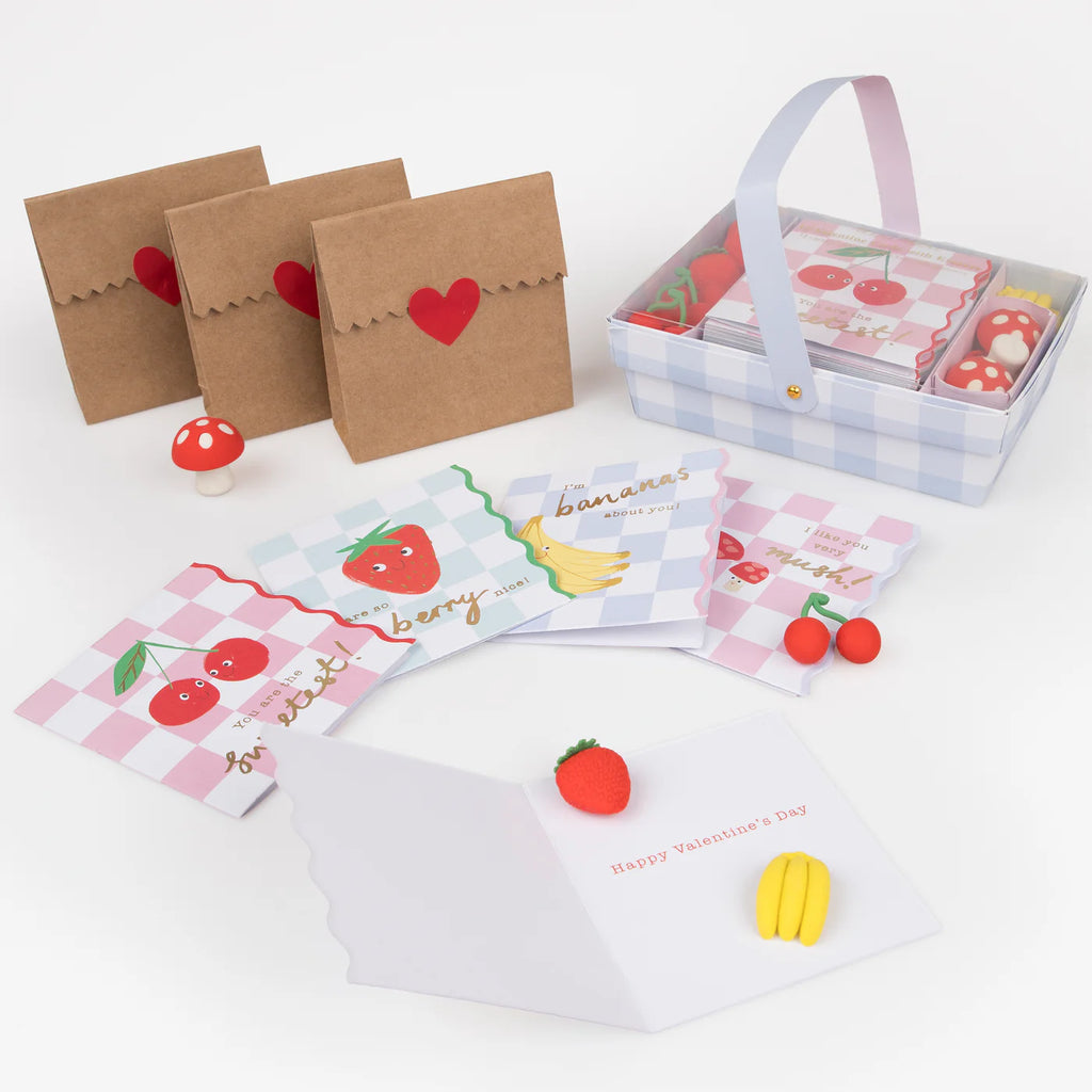 Fruit Basket Valentine's Cards and Erasers Set (x12) by Meri Meri